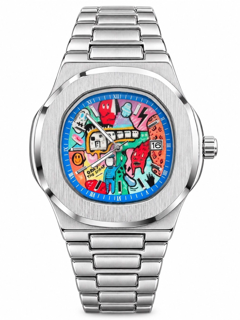 Silver Graffiti Art Dial Watch Colorful Streetwear Statement Watch